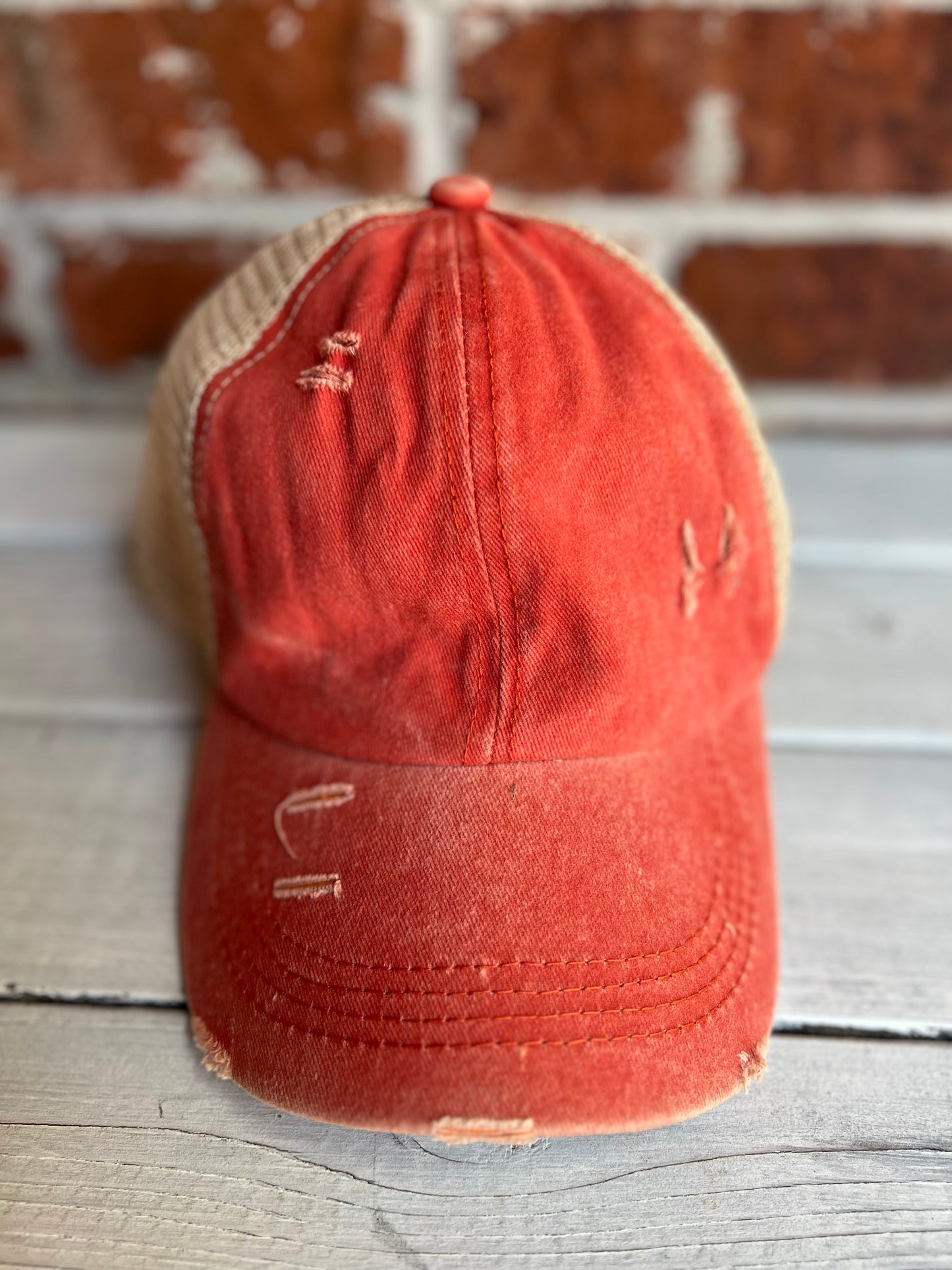 Distressed Ponytail Baseball Cap - Kayaker Leather Patch