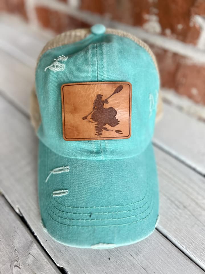 Distressed Ponytail Baseball Cap with Leather Patch Kayaker