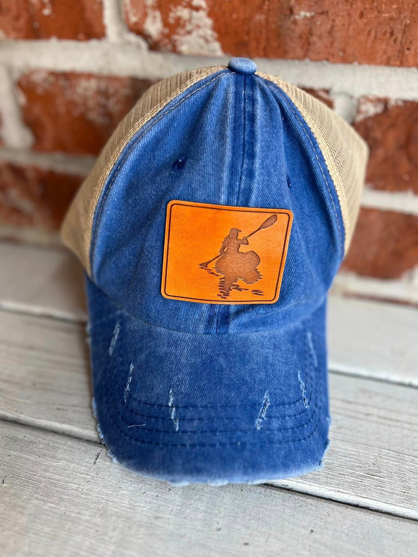 Distressed Ponytail Baseball Cap with Leather Patch Kayaker