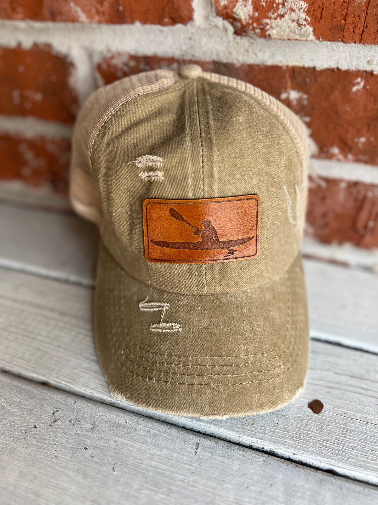 Distressed Ponytail Baseball Cap - Kayaker Leather Patch