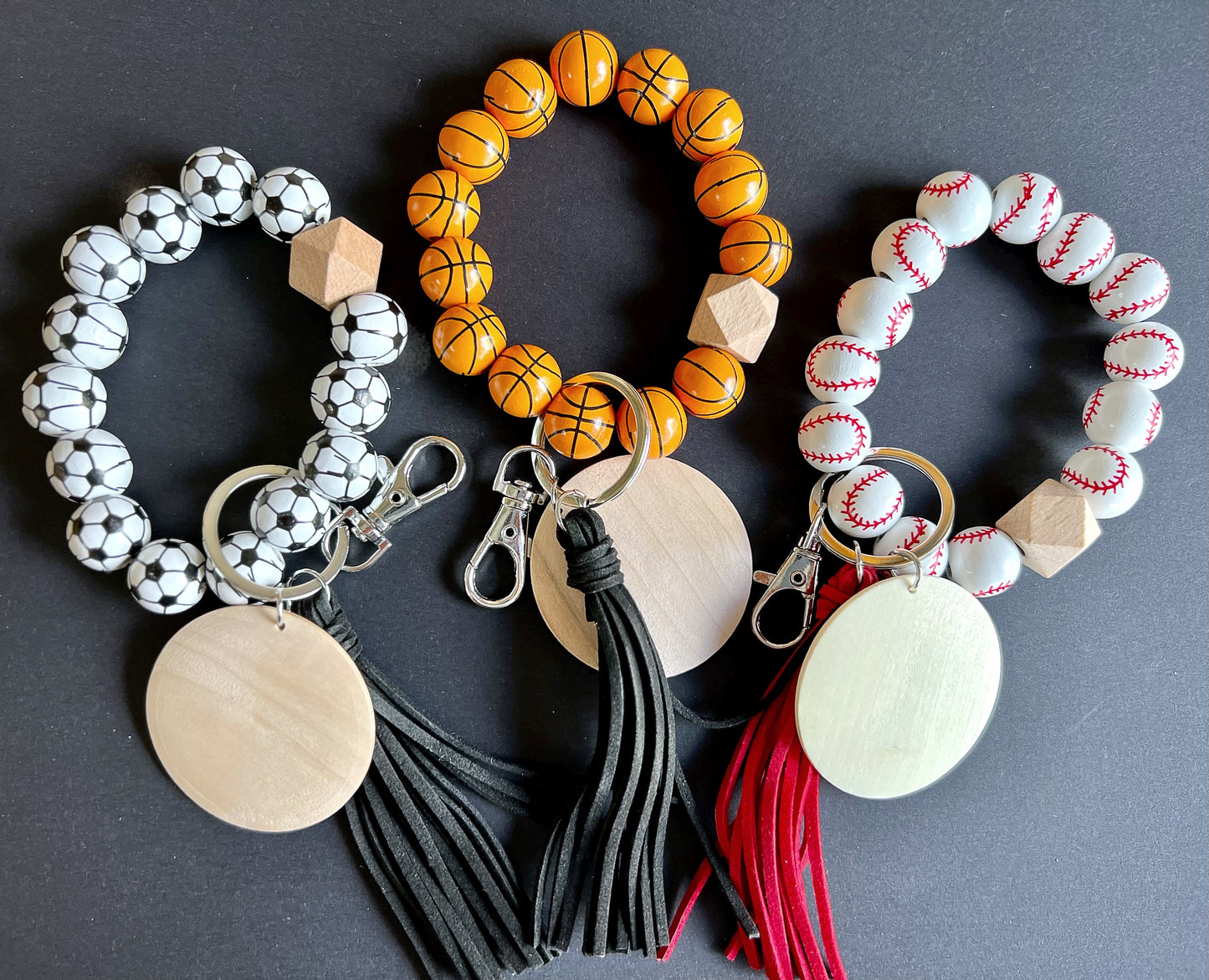 Sports Themed Personalized Wristlet with Wooden Disc, Keychain Gift, Custom Keychain Wristlet, Keychain Bracelet, Wooden Bead Wristlet Keychain, Sports Mom
