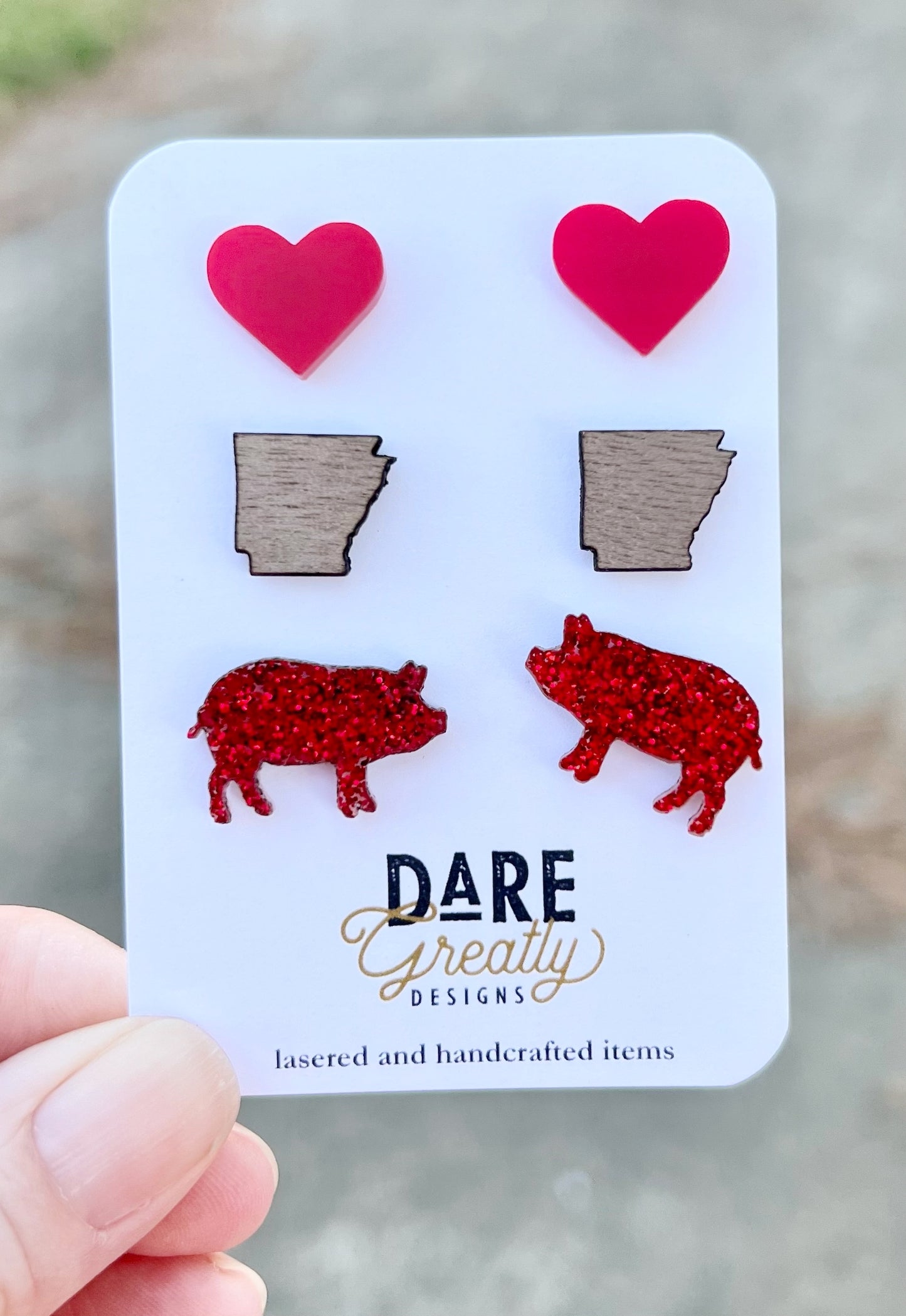 Arkansas Stud Earring Trio Pack , Arkansas Hog Earrings, Arkansas handmade jewelry, glittery earrings, Razorback Woo Pig Sooie, Game Day Earrings