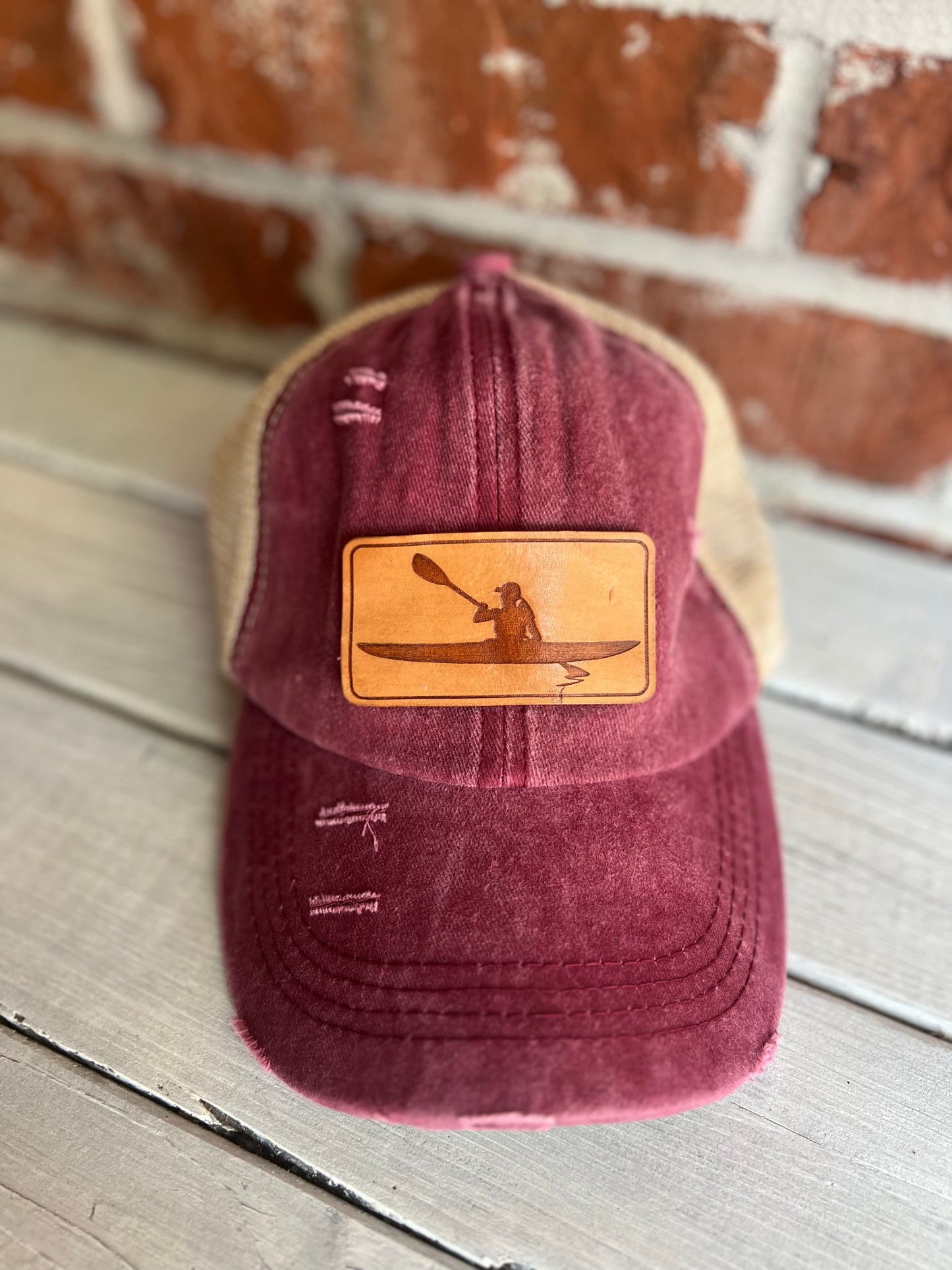 Distressed Ponytail Baseball Cap - Kayaker Leather Patch