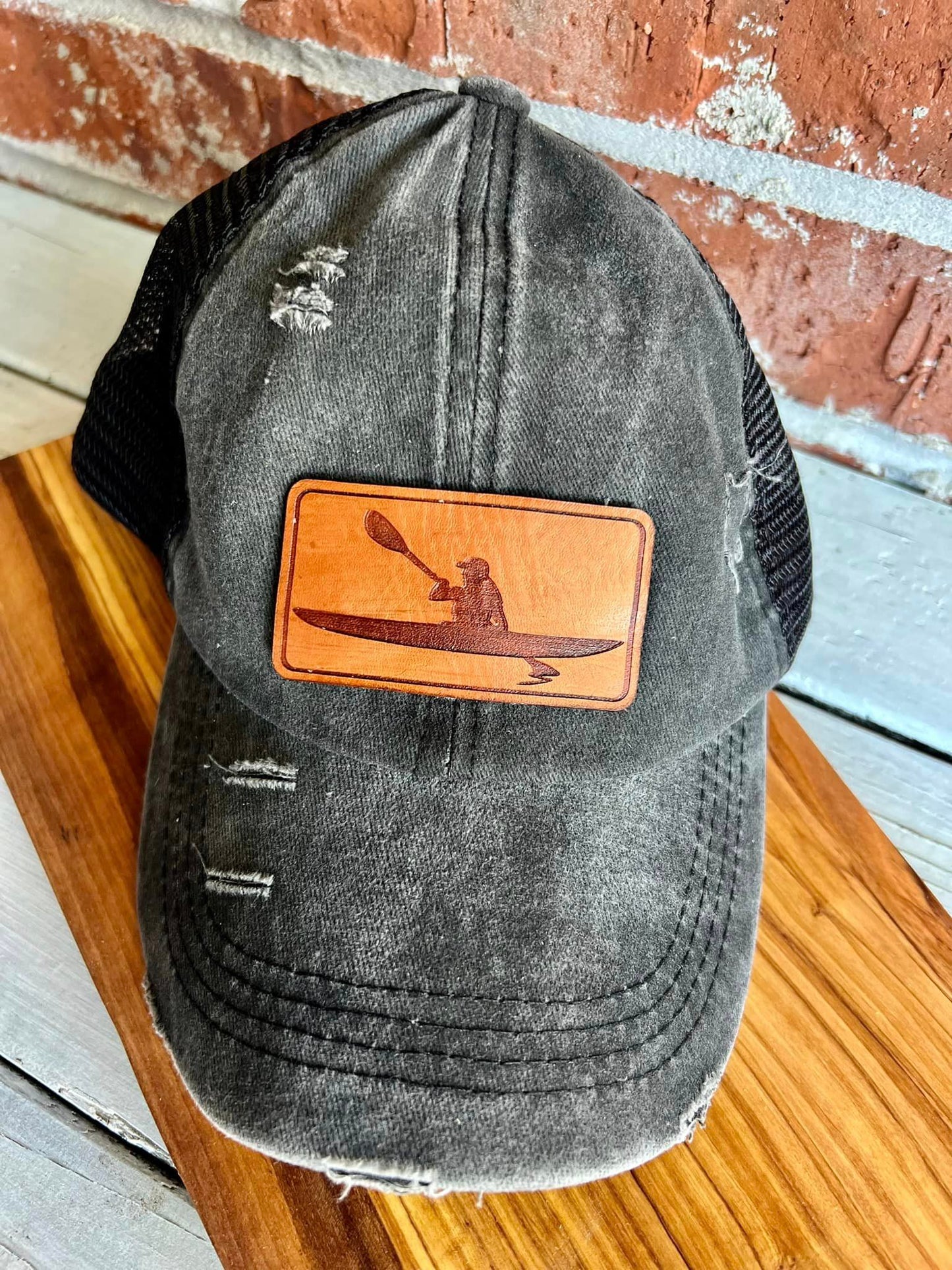 Distressed Ponytail Baseball Cap - Kayaker Leather Patch